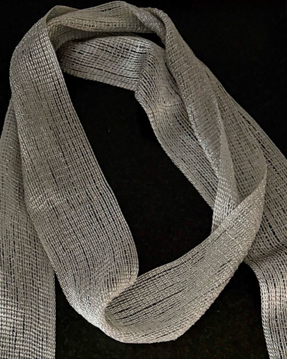 Silver Long Scarf with Fringe - Lightweight Metallic Knit - Picture 6 of 9